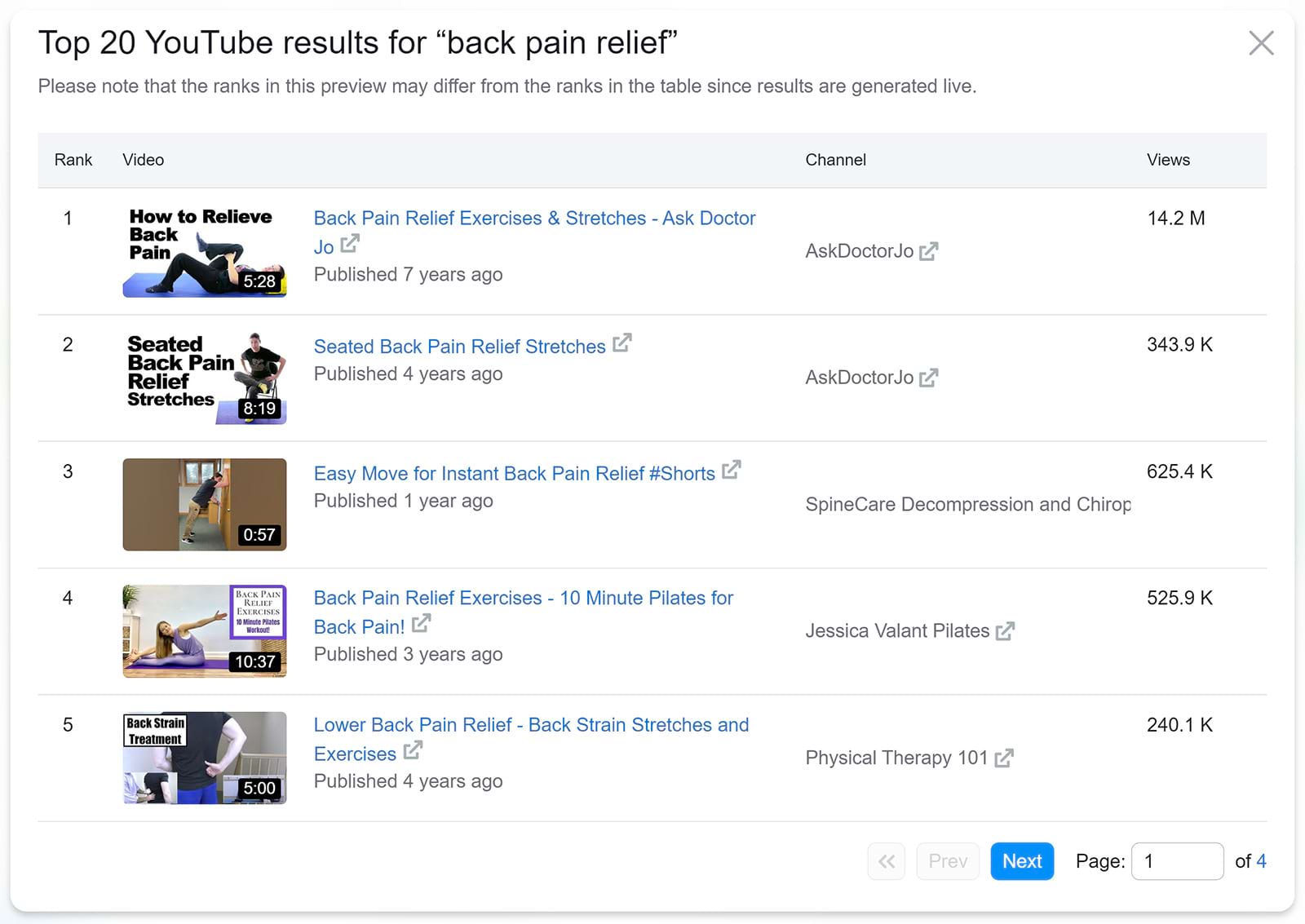 YouTube results preview popup for 'back pain relief'.