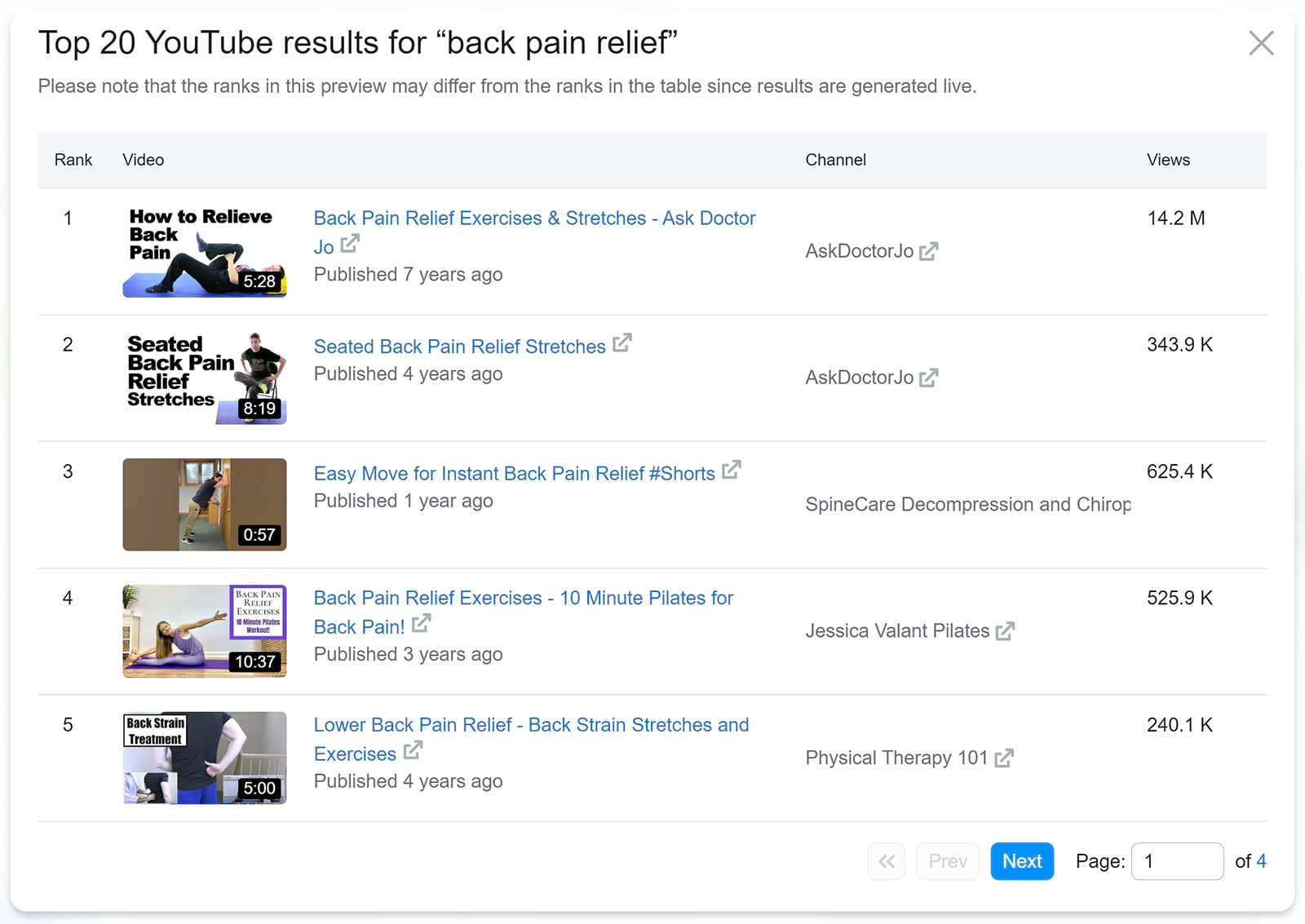 YouTube results preview popup for 'back symptom  relief'.