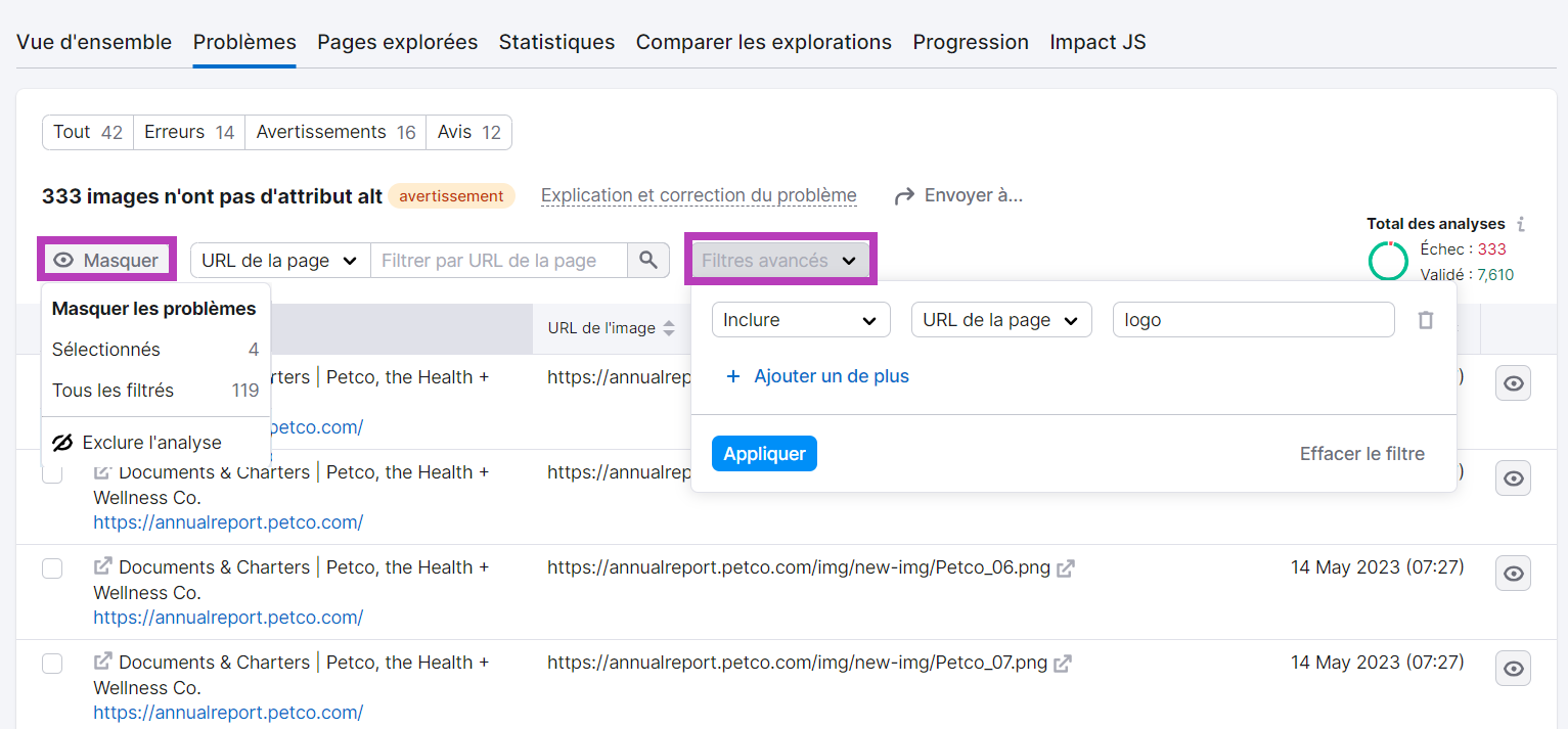 Filtres avancés et bouton Masquer dans Audit de site de Semrush