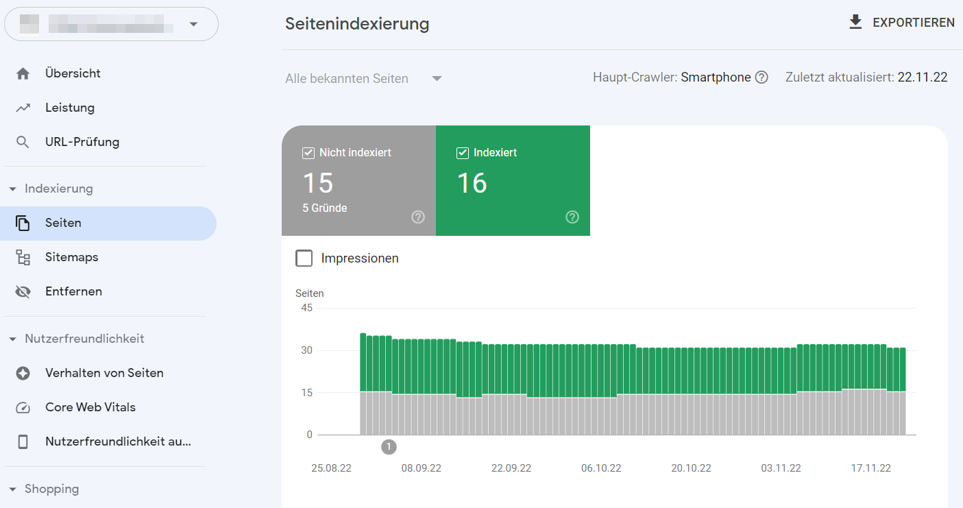 Indexierte und nicht indexierte Seiten werden angezeigt