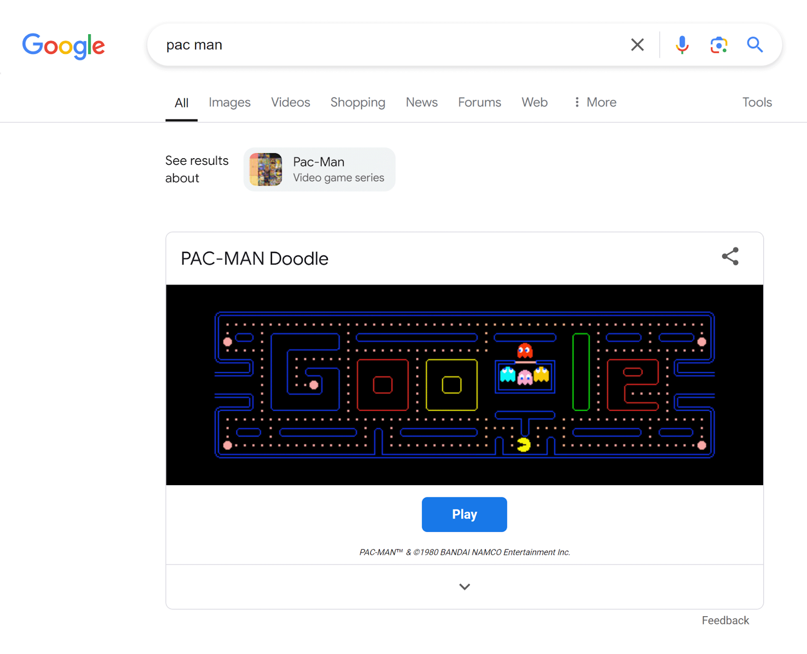 Google SERP for 'pac man' showing Google's interactive Pac-man doodle with Play button