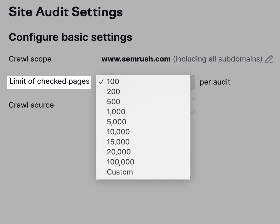 Set "limit of checked paged" to audit in the settings