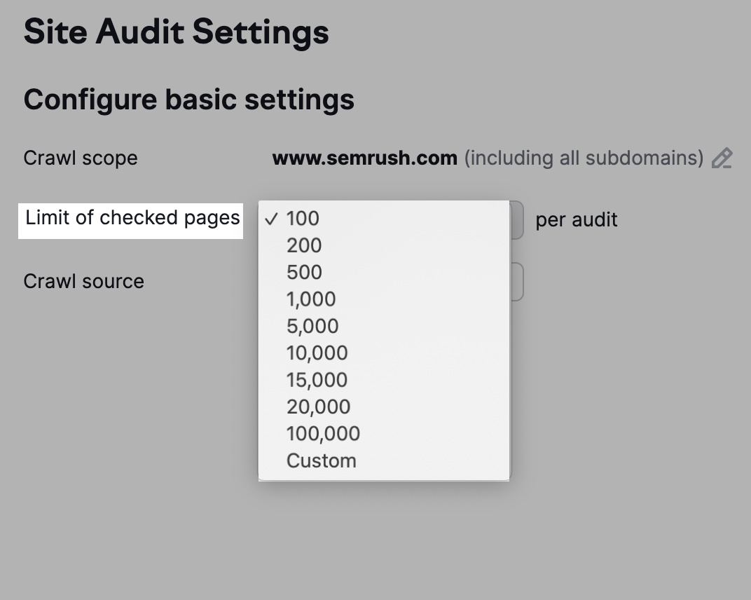 Defina "limite de páginas verificadas" para auditoria nas configurações