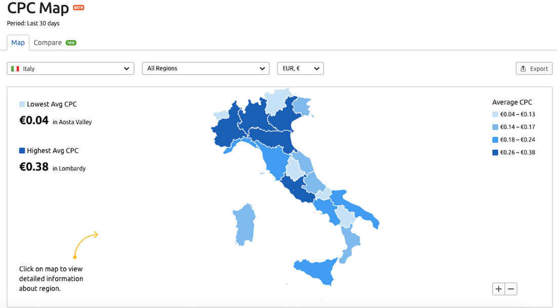 Il pratico report sul costo degli annunci di CPC map