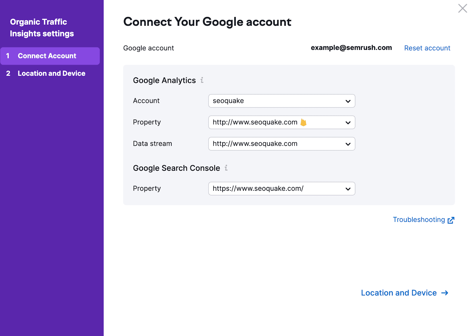 "Connect Your Google account" window in Organic Traffic Insights settings