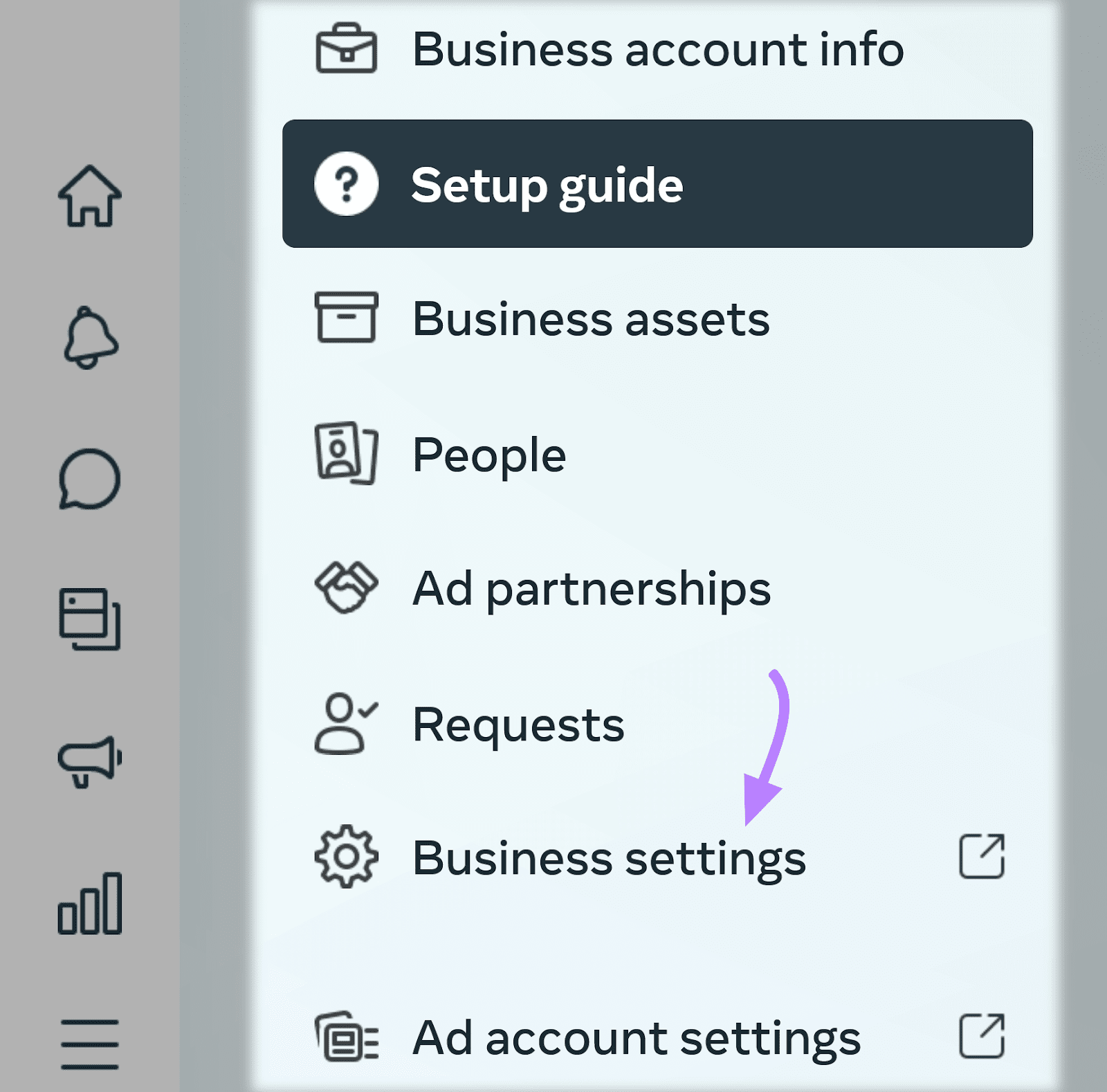 “Business Settings” option selected from the menu
