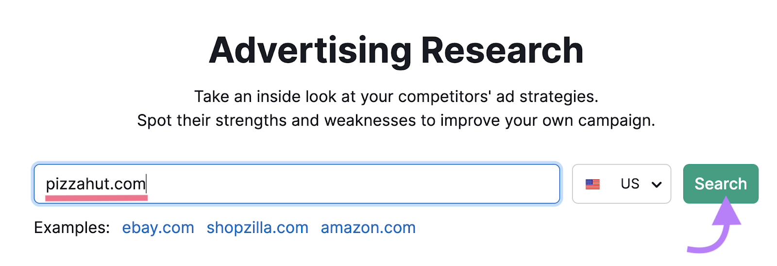 search for "pizzahut.com" in Advertising Research tool