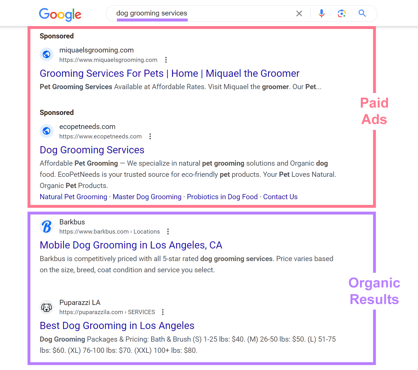 Paid ads and organic results on Google SERP for "dog grooming services" query