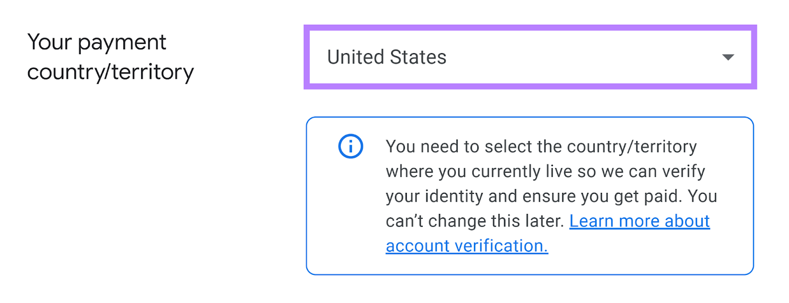 Payment state  acceptable   to United States and dropdown highlighted