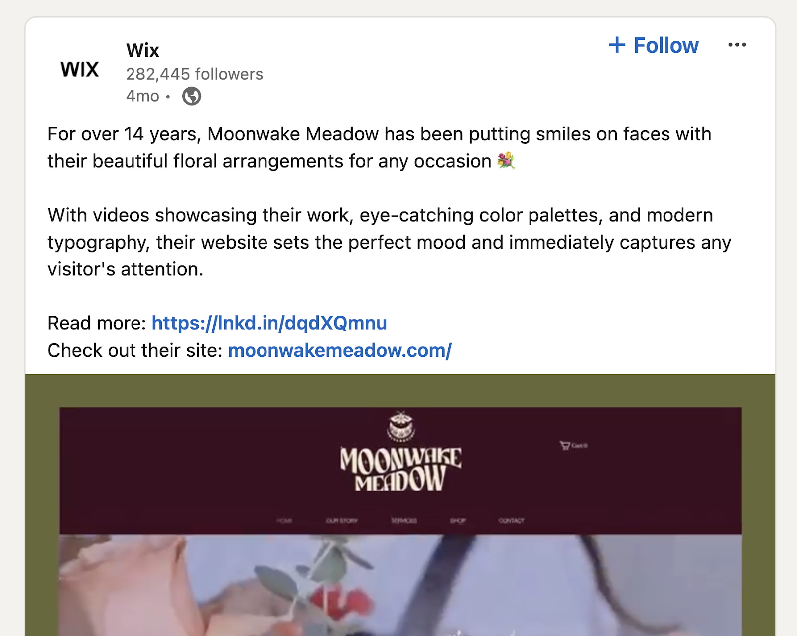 Wix LinkedIn post sharing a brand's story and a visual of their webpage created on the platform