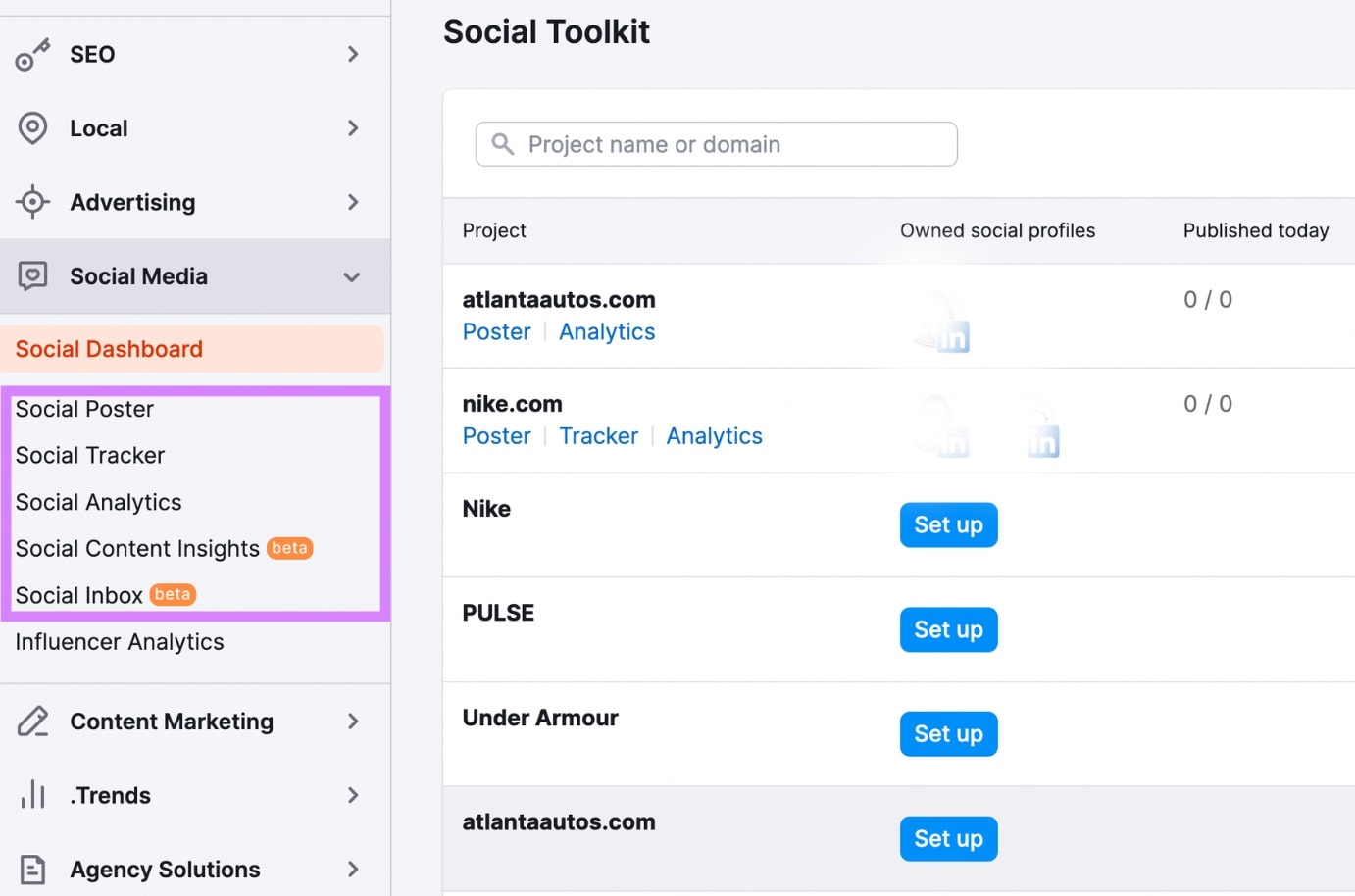 Semrush’s Social Media toolkit includes Social Poster, Social Tracker, Social Analytics, Social Content Insights, and Social Inbox tools