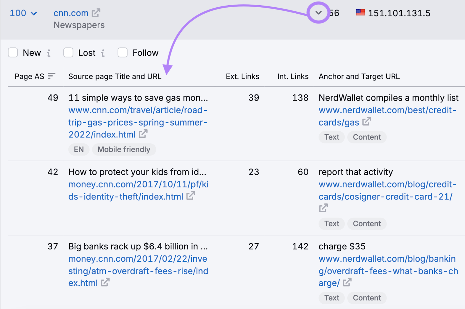 Expanded domain shows each backlink's page Authority Score, page title, URL, anchor text, target URL, and more.