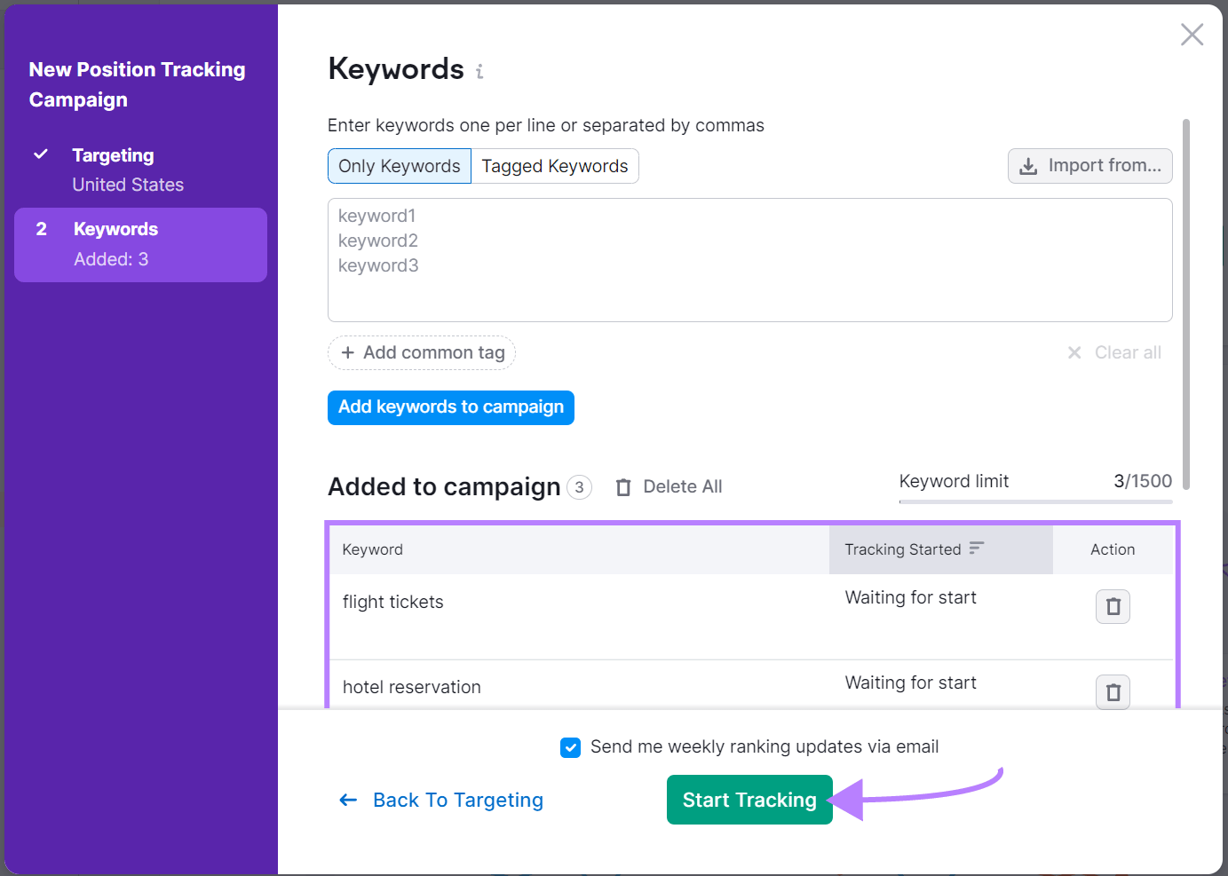 "Keywords" window in Position Tracking tool settings