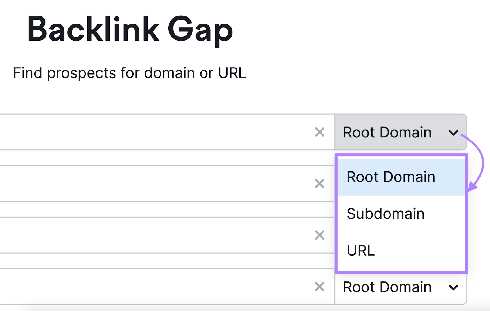 "Root Domain," "Subdomain," and "URL" drop-down in Backlink Gap