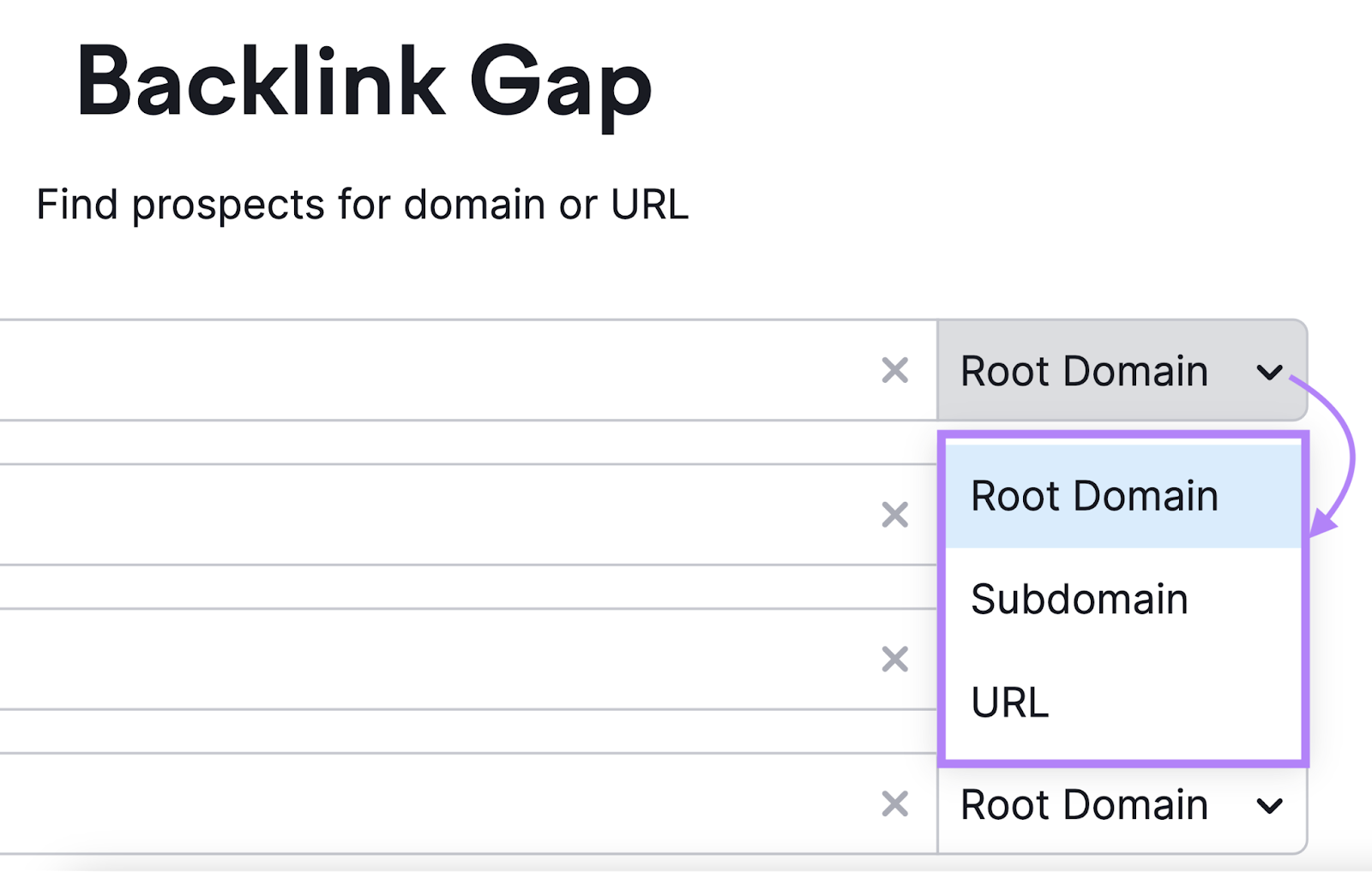 "Root Domain," "Subdomain," and "URL" drop-down successful  Backlink Gap