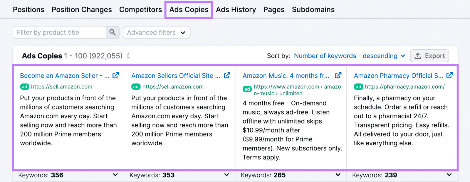 “Ads Copies” tab in Advertising Research tool