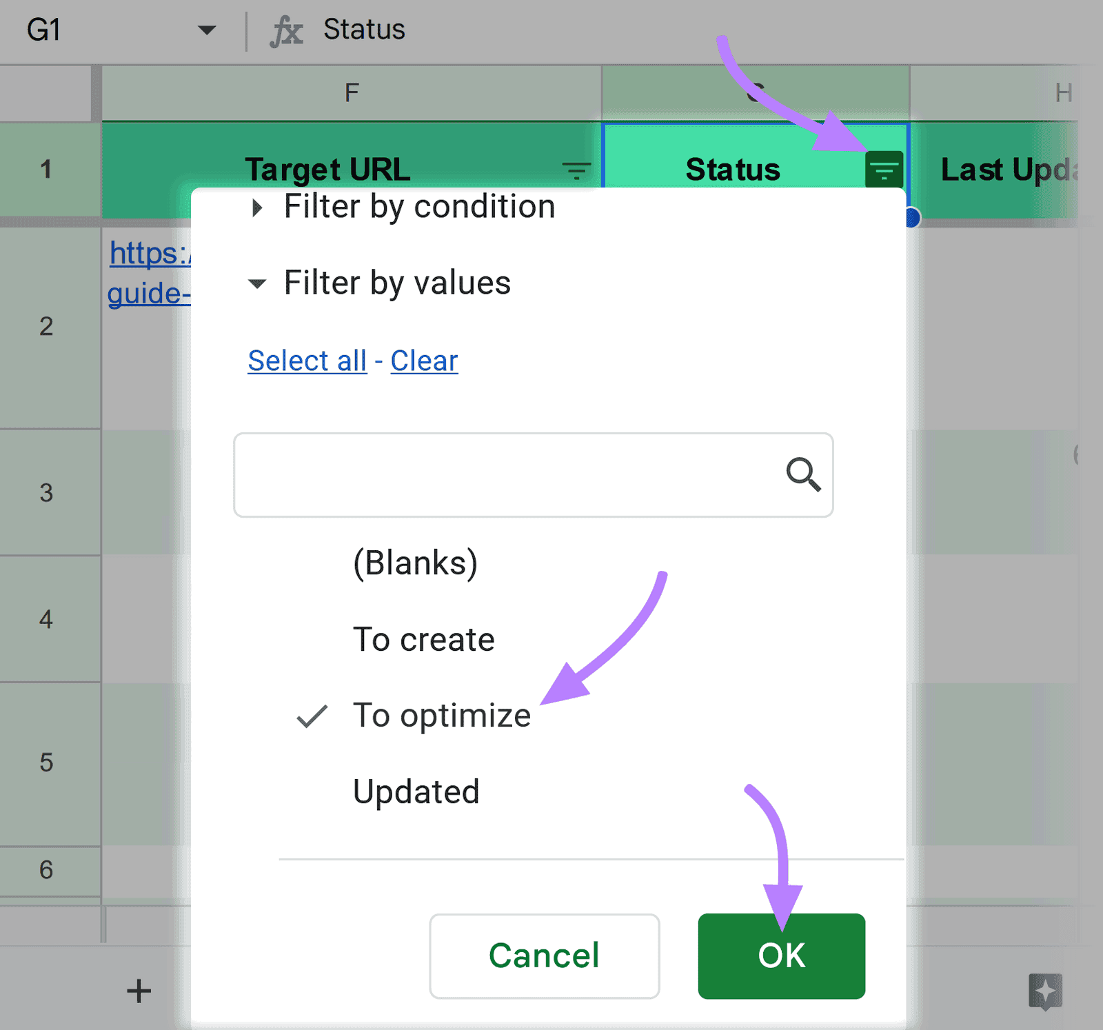 Spreadsheet filter dropdown menu in the "Status" column, with "To optimize" selected and an "OK" button at the bottom.
