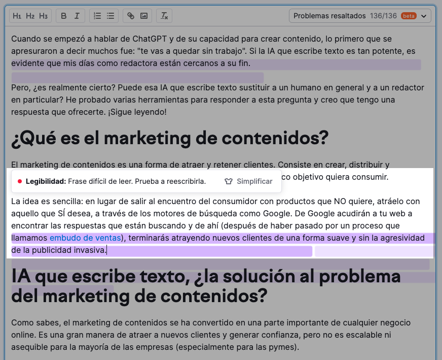 Si tu contenido tiene problemas de legibilidad, la herramienta te mostrará qué frases o palabras podrían reescribirse.