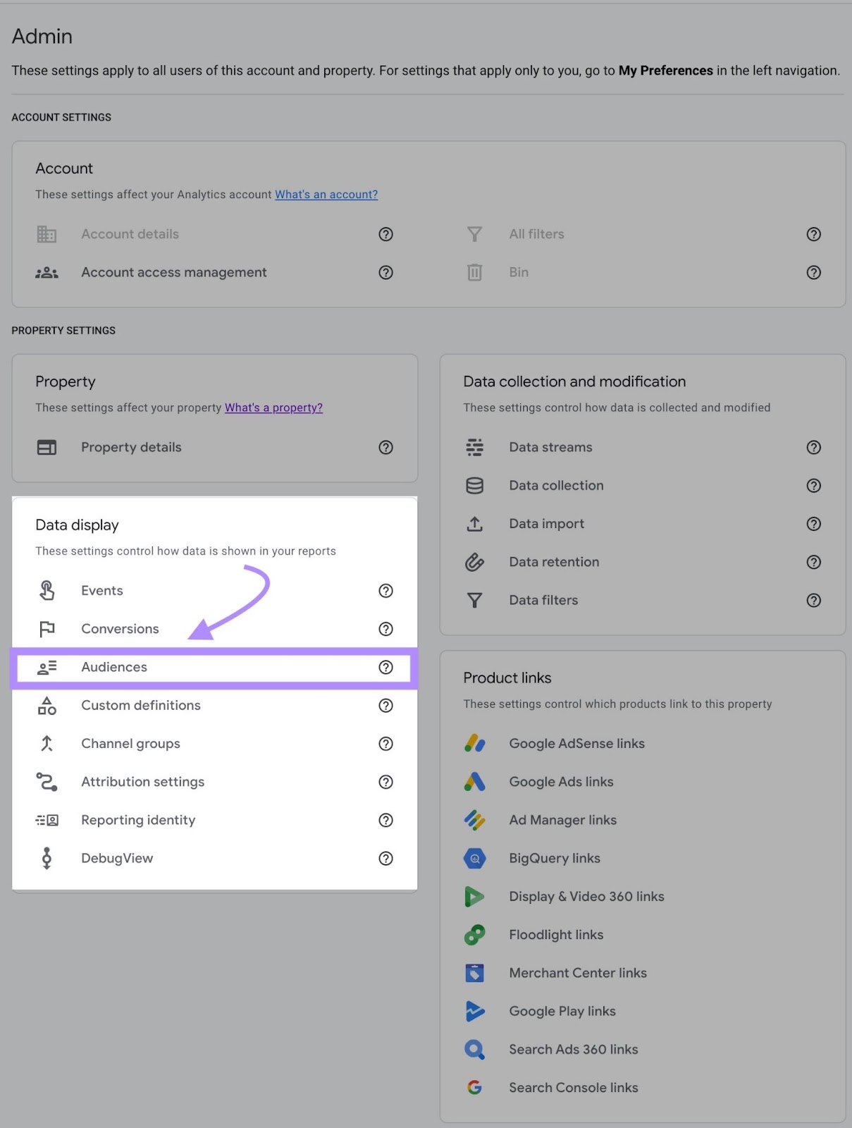 “Audiences” selected under Data display column in GA4 Admin