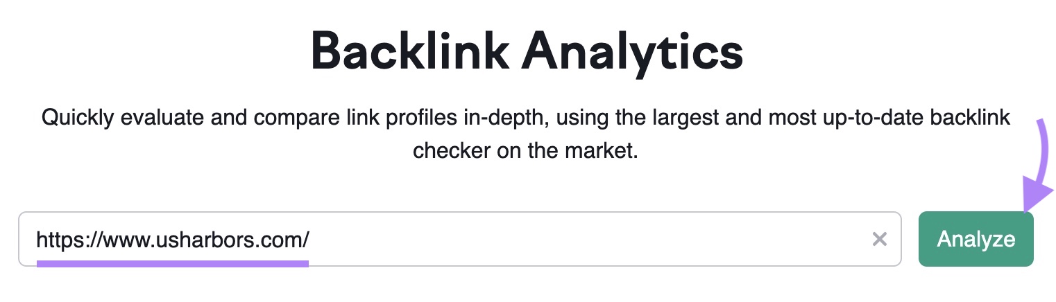 Backlink Analytics tool start screen with a domain entered and an arrow pointing toward "Analyze."