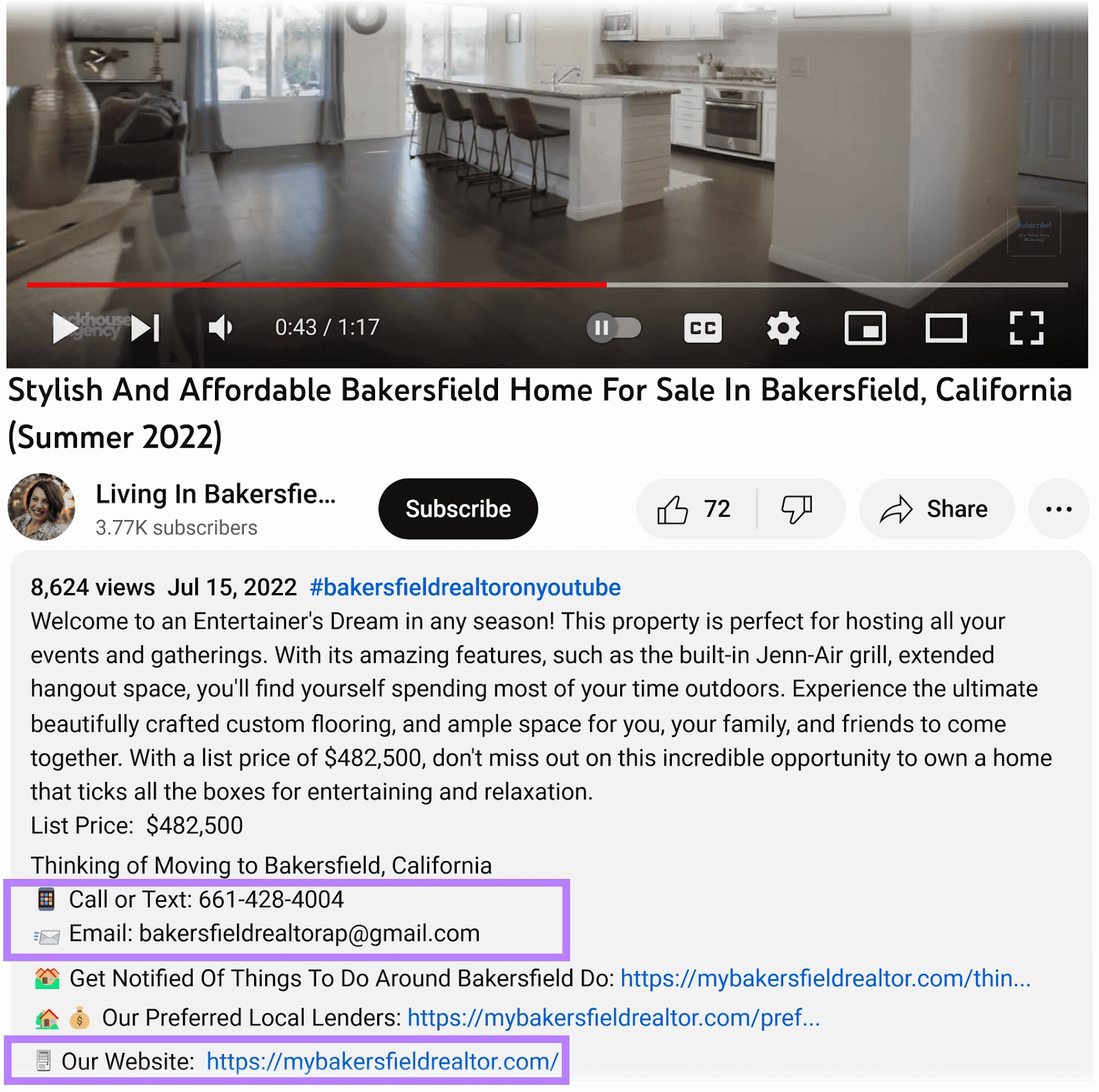 Descripción en YouTube de la visita a la propiedad del vídeo Vivir en Bakersfield