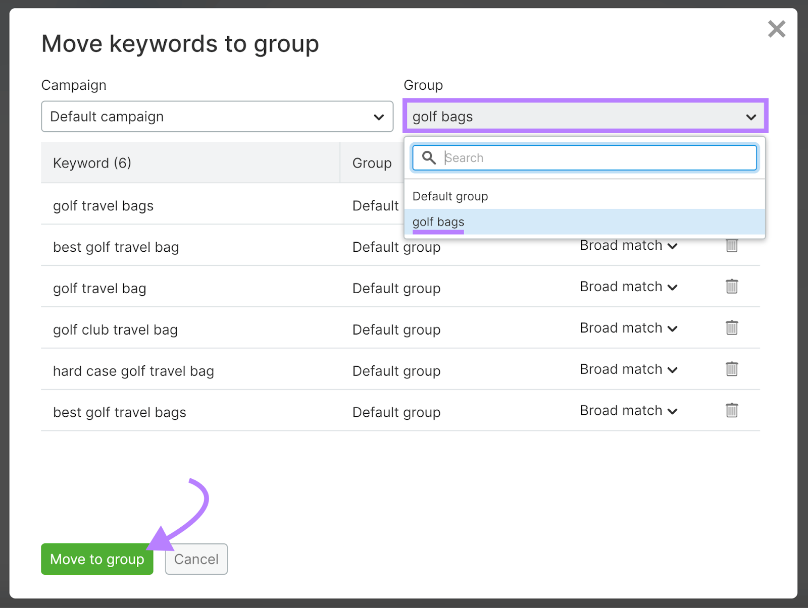 Group dropdown expanded, 'golf bags' radical  selected, and Move to radical  fastener  highlighted.