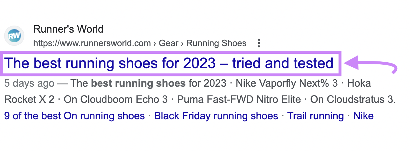 A title tag on SERP that reads "The best running shoes for 2023 - tried and tested"