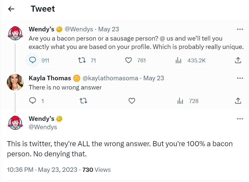 Wendy's post on X, asking followers wether they are a bacon or sausage person