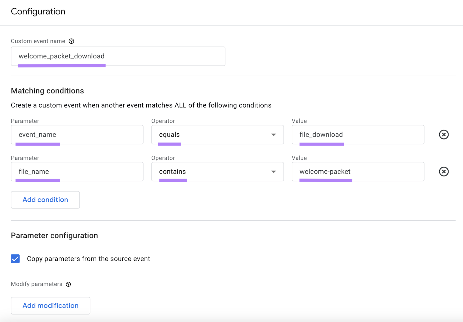 Setting the parameter “file_name” to contain the “welcome-packet"