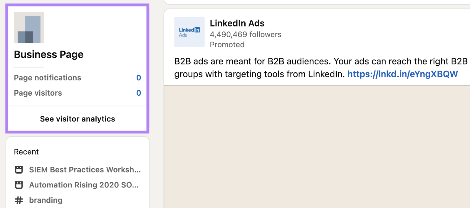 "Business Page" section highlighted on the left side of LinkedIn homepage