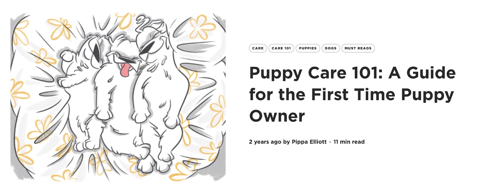 Article de Petcube intitulé : "Soins aux chiots 101 : Un guide pour le nouveau propriétaire de chiot"