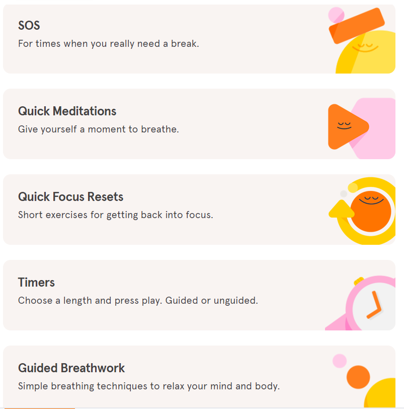 Headspace CTA buttons featuring options similar  speedy  meditations, speedy  absorption   resets and guided breathwork.