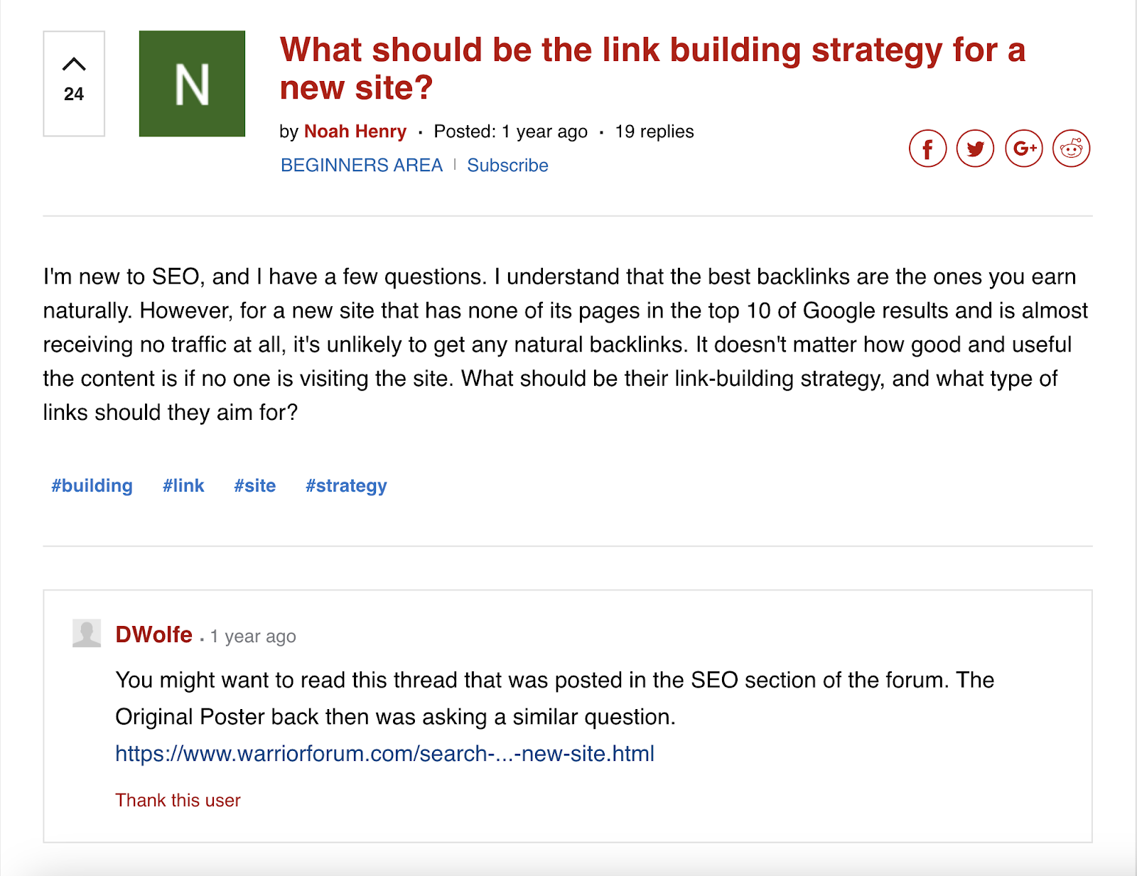Warrior Fo، thread asking what s،uld be the link building strategy for a new site. A reply answers with a link to another, similar thread.