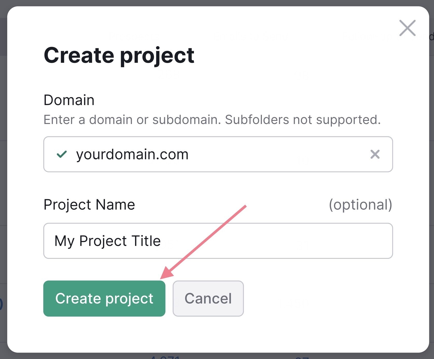 create new project in link building tool