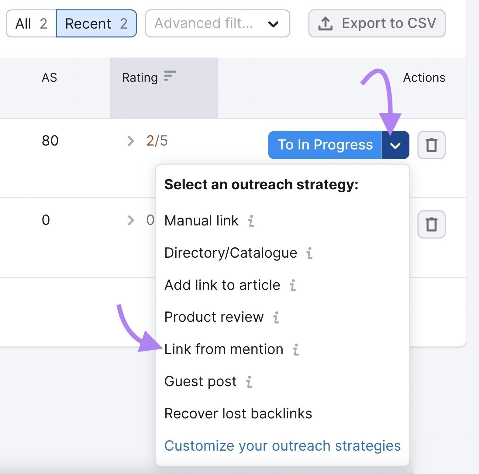“Link from mention" option selected under the “To In Progress” drop-down menu, next to the selected domain