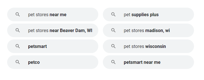 Google's related searches section for local pet store