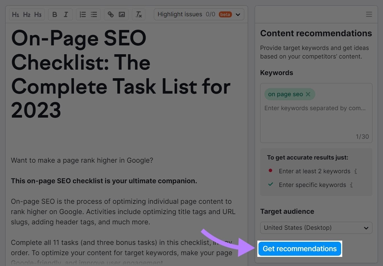 “Get recommendations” button highlighted in SEO Writing Assistant