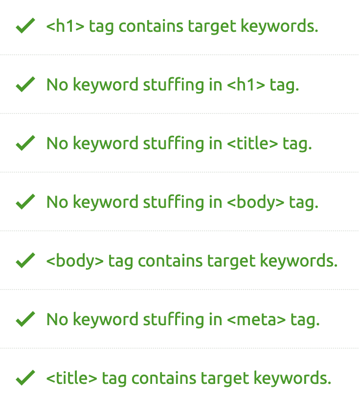 On Page SEO Checker list of recommendations for using your target keyword