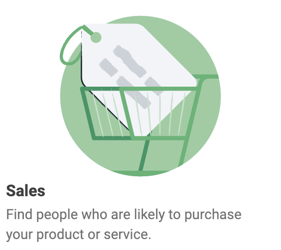 "Sales" widget in Ads Manager that reads: "Find people who are likely to purchase your product or service."
