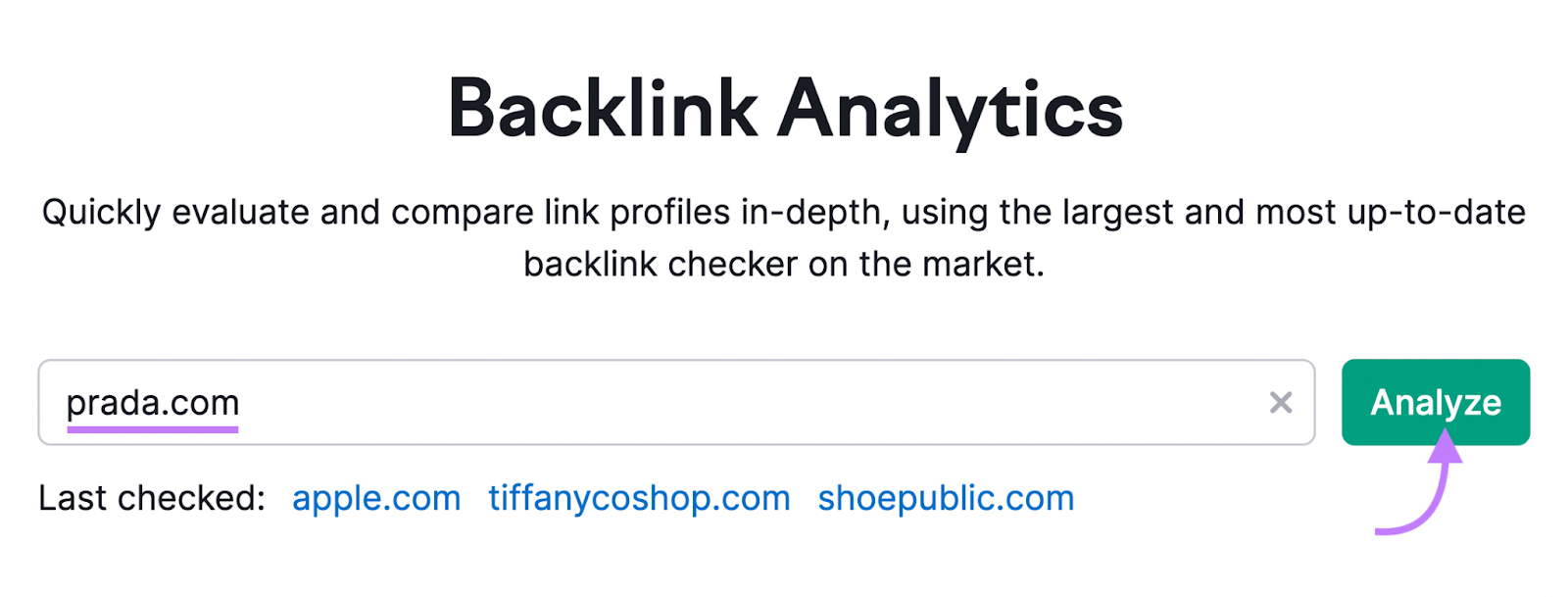 "prada.com" entered into Backlink Analytics search bar