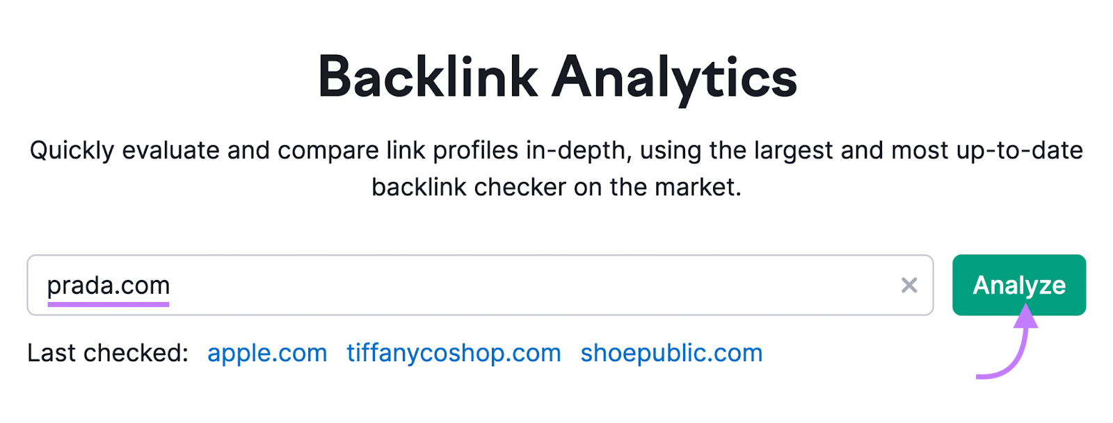 "prada.com" inserido na barra de pesquisa do Backlink Analytics