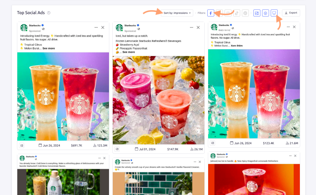 The top social ads for Starbucks filtered for Facebook and ranked by impressions.