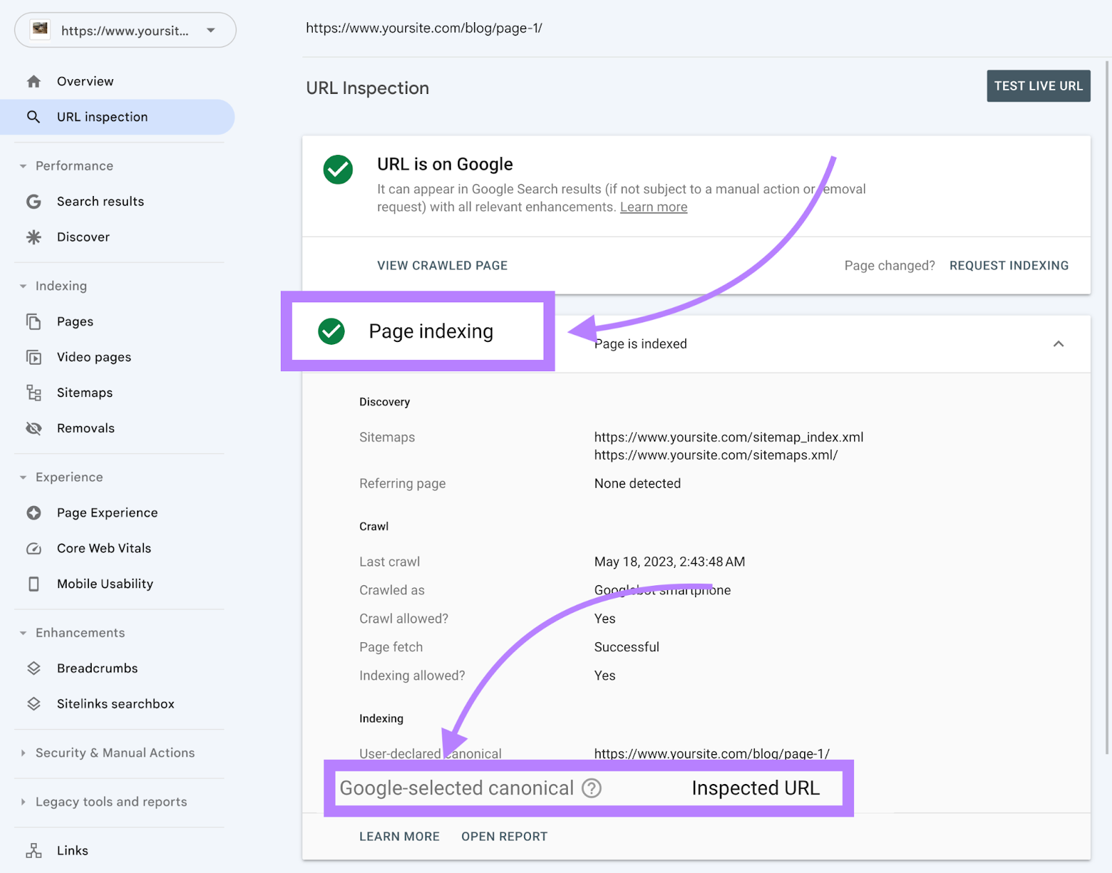 Google Search Console showing “URL Inspection” report with the “Google-selected canonical" in the “Page indexing” section