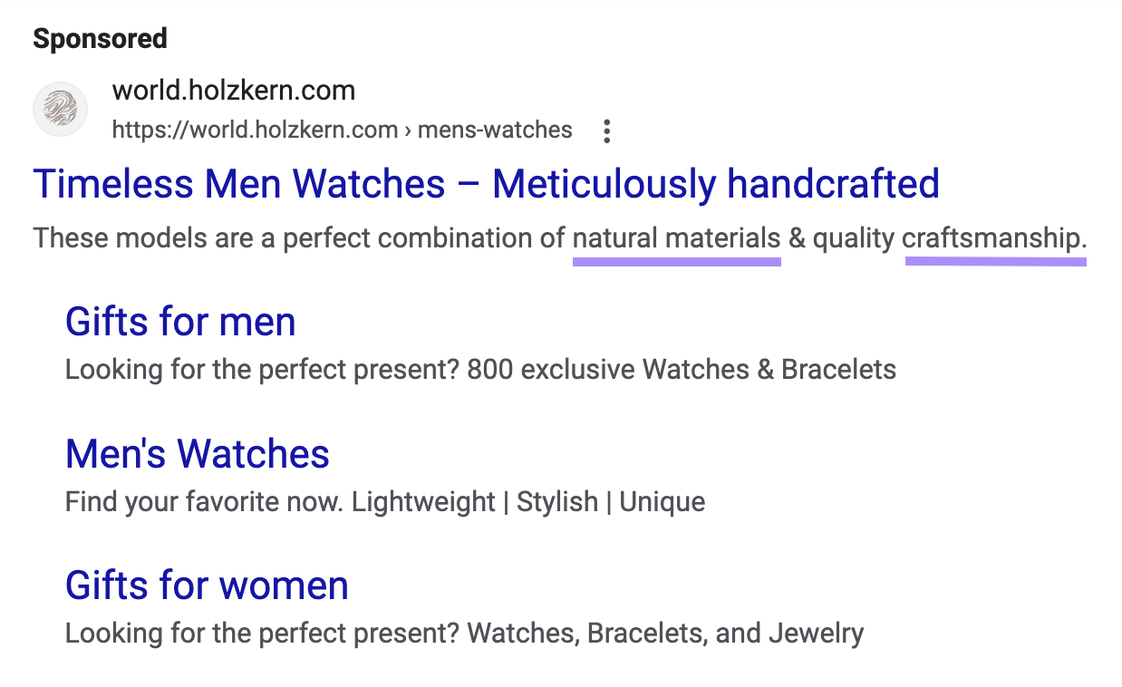 “natural materials,” and “craftsmanship” keywords highlighted in a PPC ad on Google