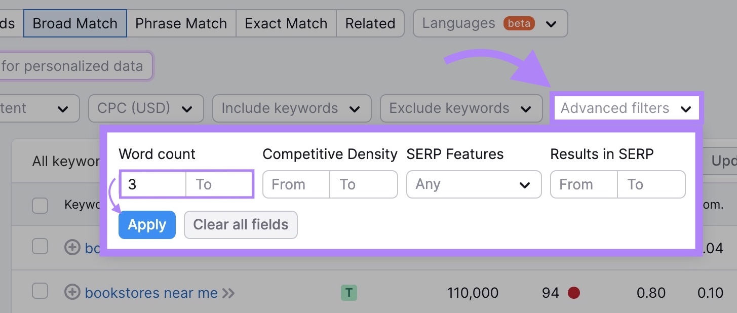 "Advanced filter" dropdown with "3" entered as the minimum number of words in the "Word count" section and "Apply" clicked.