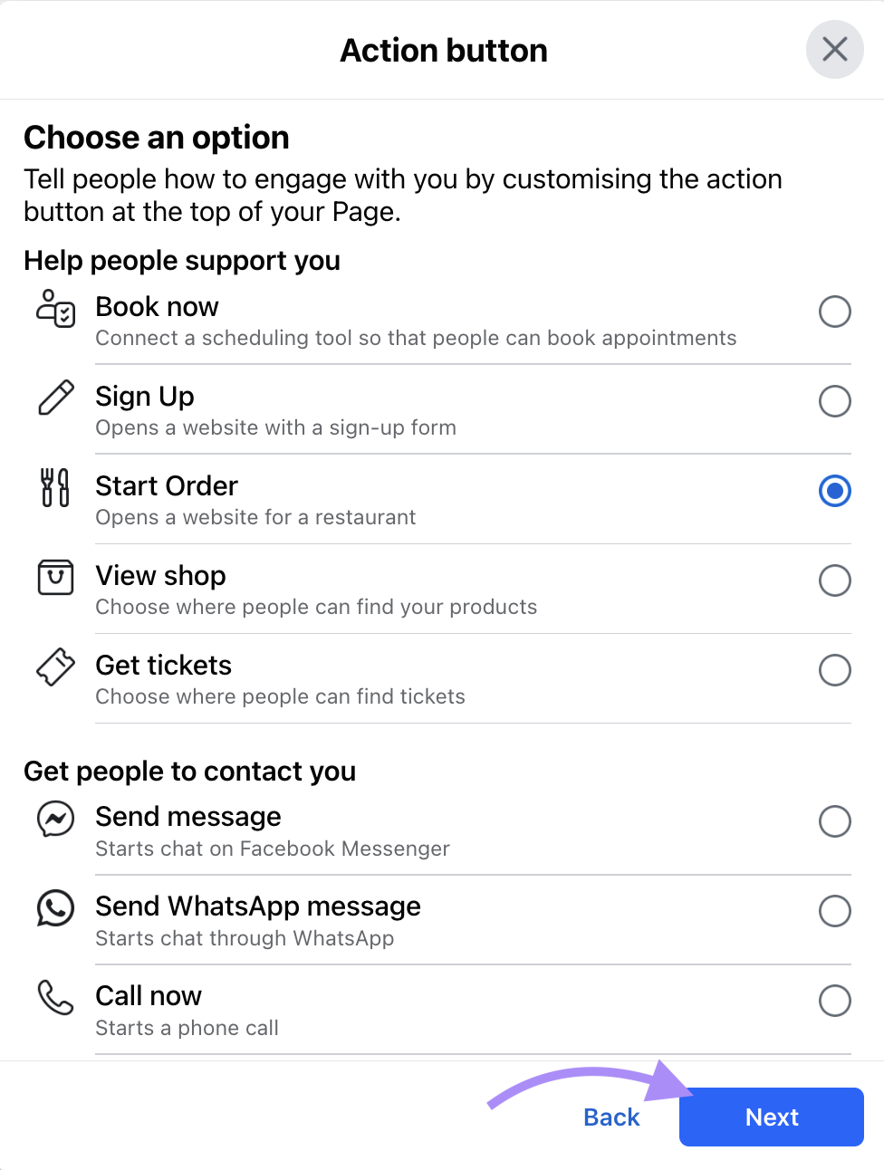 "Start Order" CTA selected from the database  of CTAs