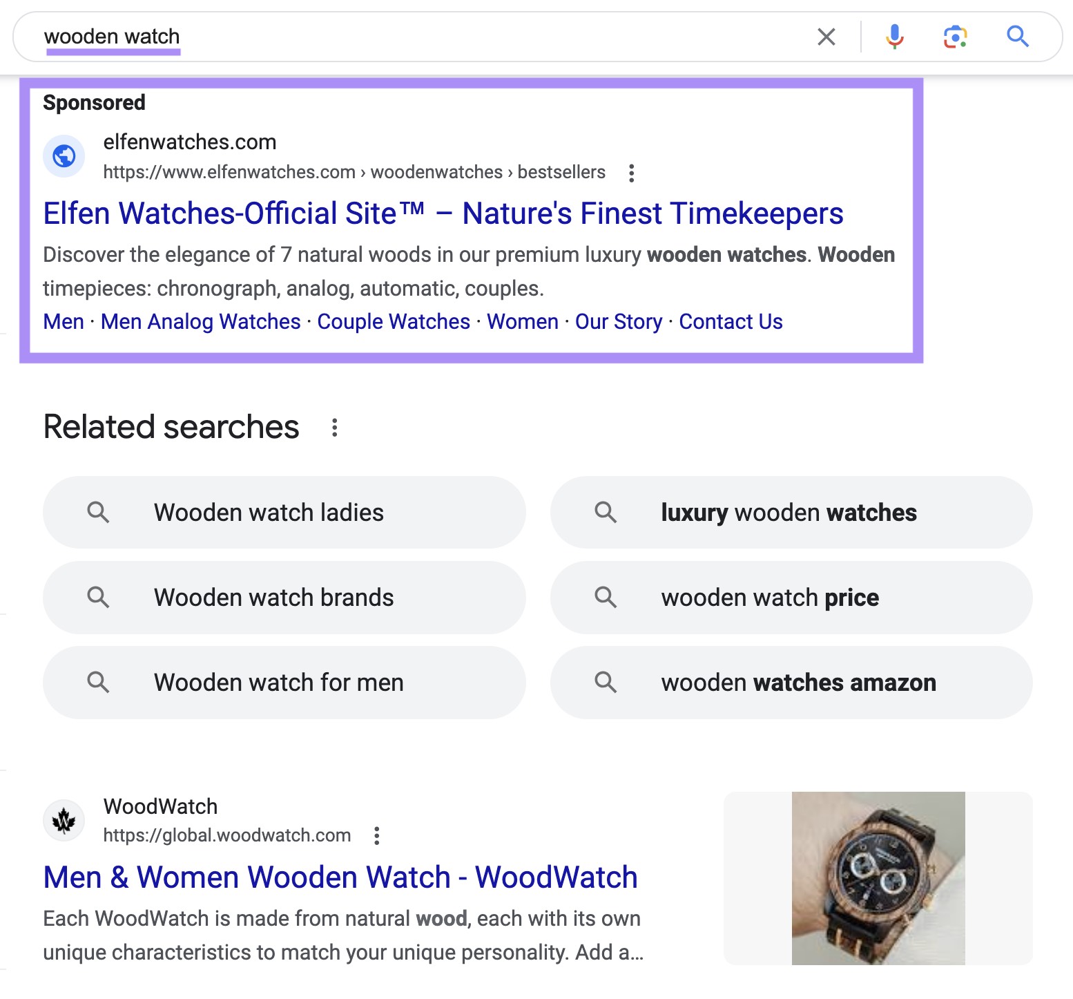 A PPC advertisement  connected  Google for the word  “wooden watch”