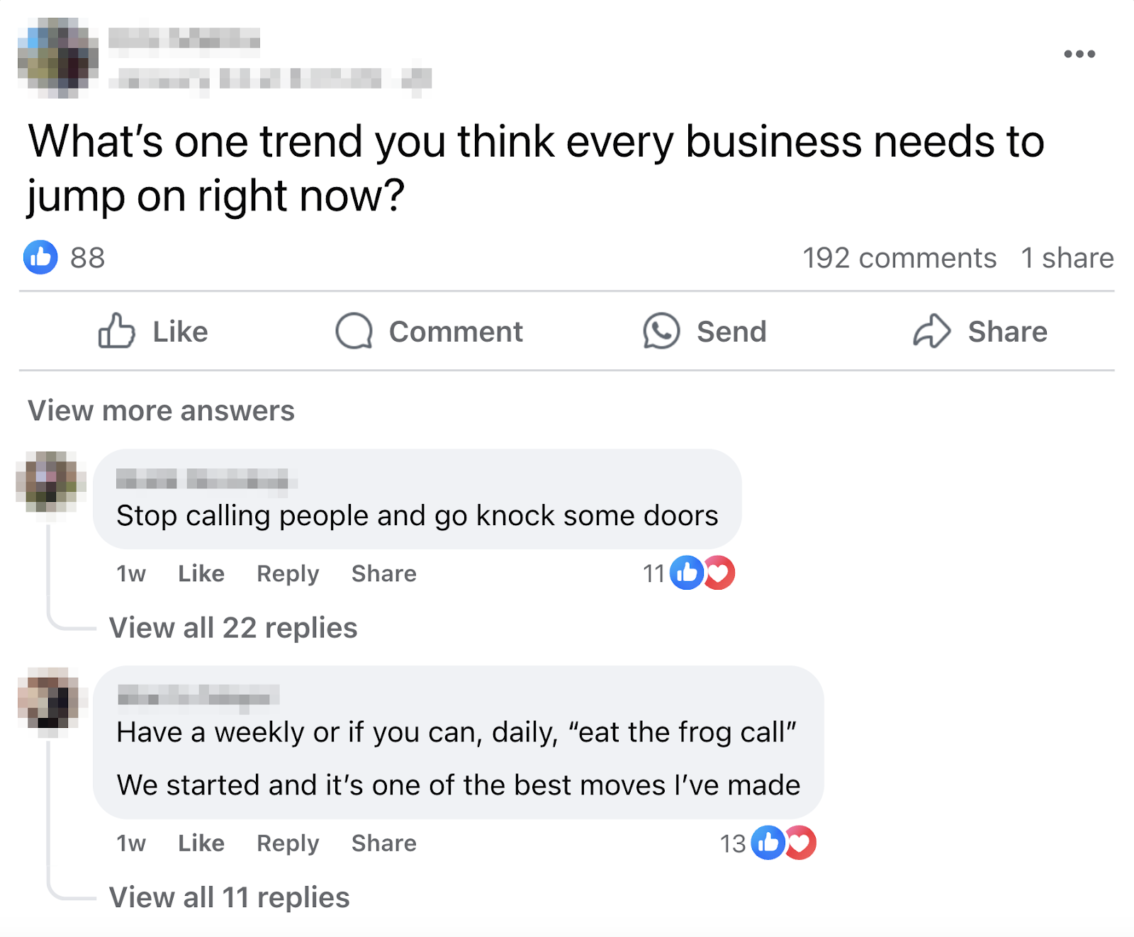 Facebook group post asks for trending ideas.