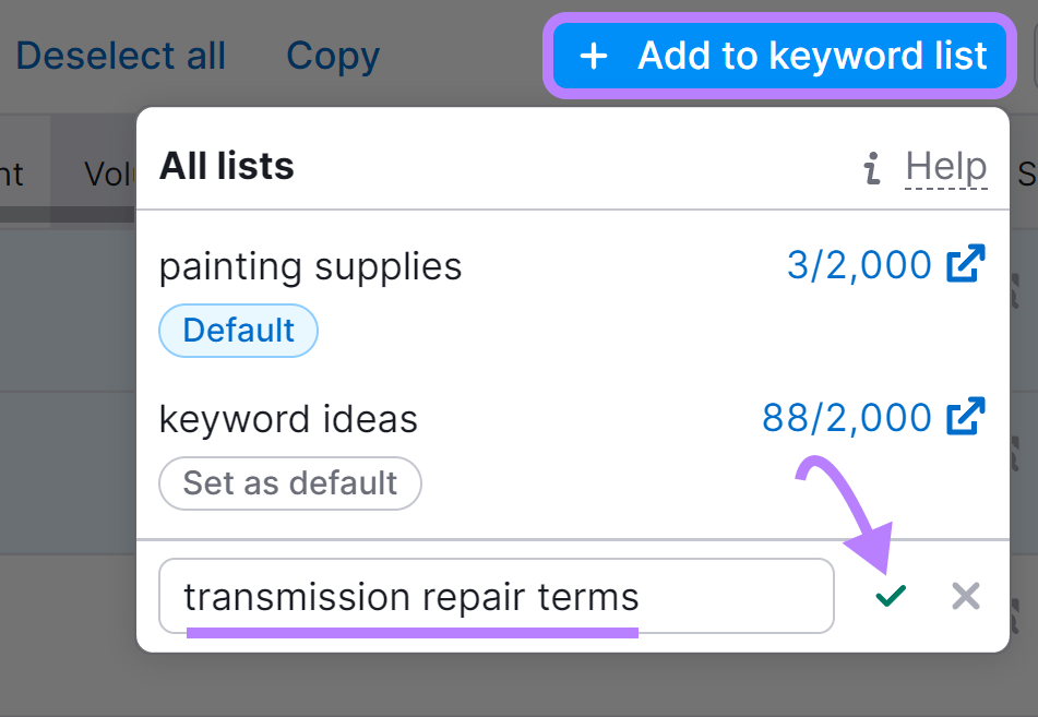 Adding selected keywords to a keyword database  named "transmission repair terms"