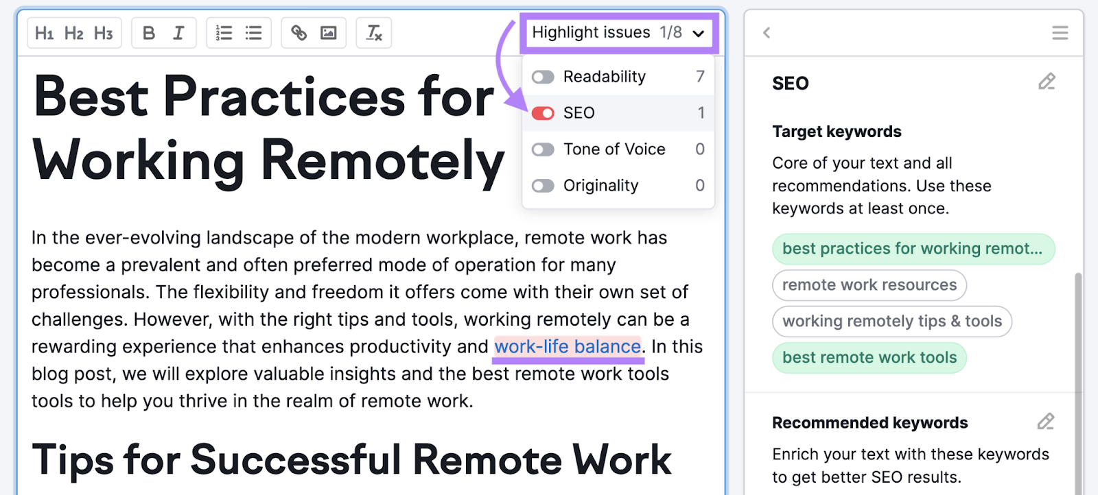 "SEO" selected under “Highlight Issues" drop-down menu